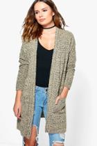 Boohoo Lucy Marl Boucle Checkerboard Knit Cardigan Stone
