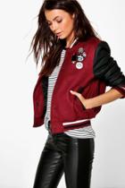 Boohoo Alexis Pu Sleeve Varsity Bomber Wine