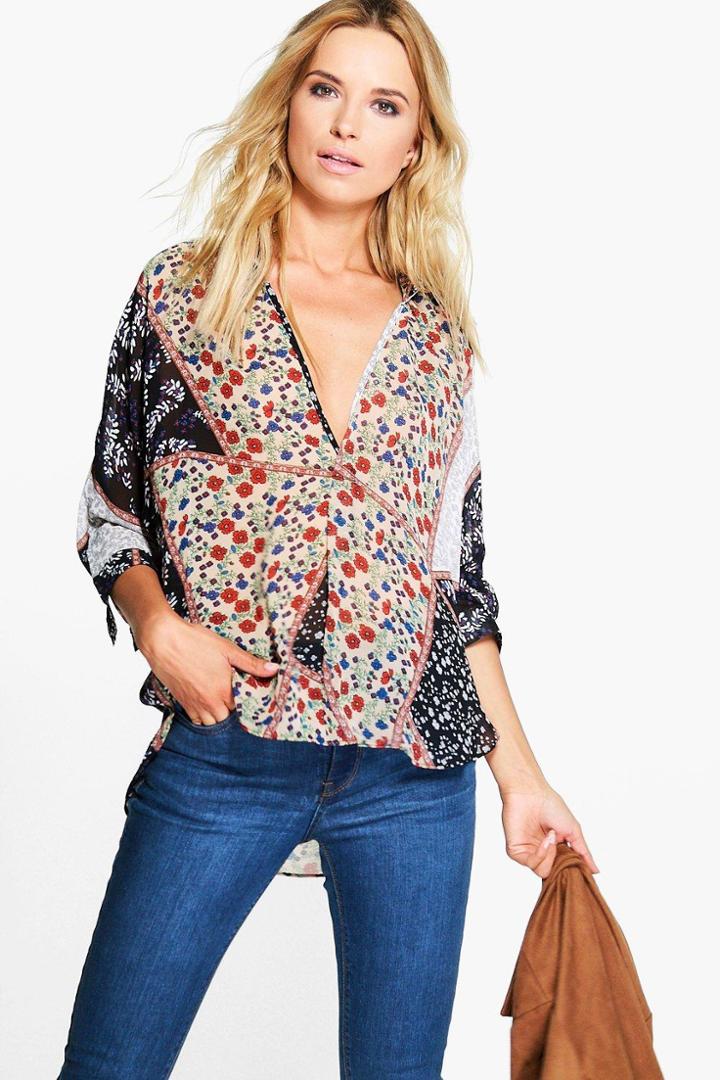 Boohoo Katie Mixed Print Wrapover Blouse Black