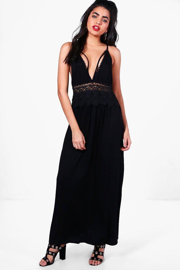 Boohoo Lottie Crochet Waist Plunge Maxi Dress Black