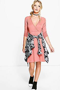 Boohoo Anna Long Sleeve Wrap Over Skater Dress