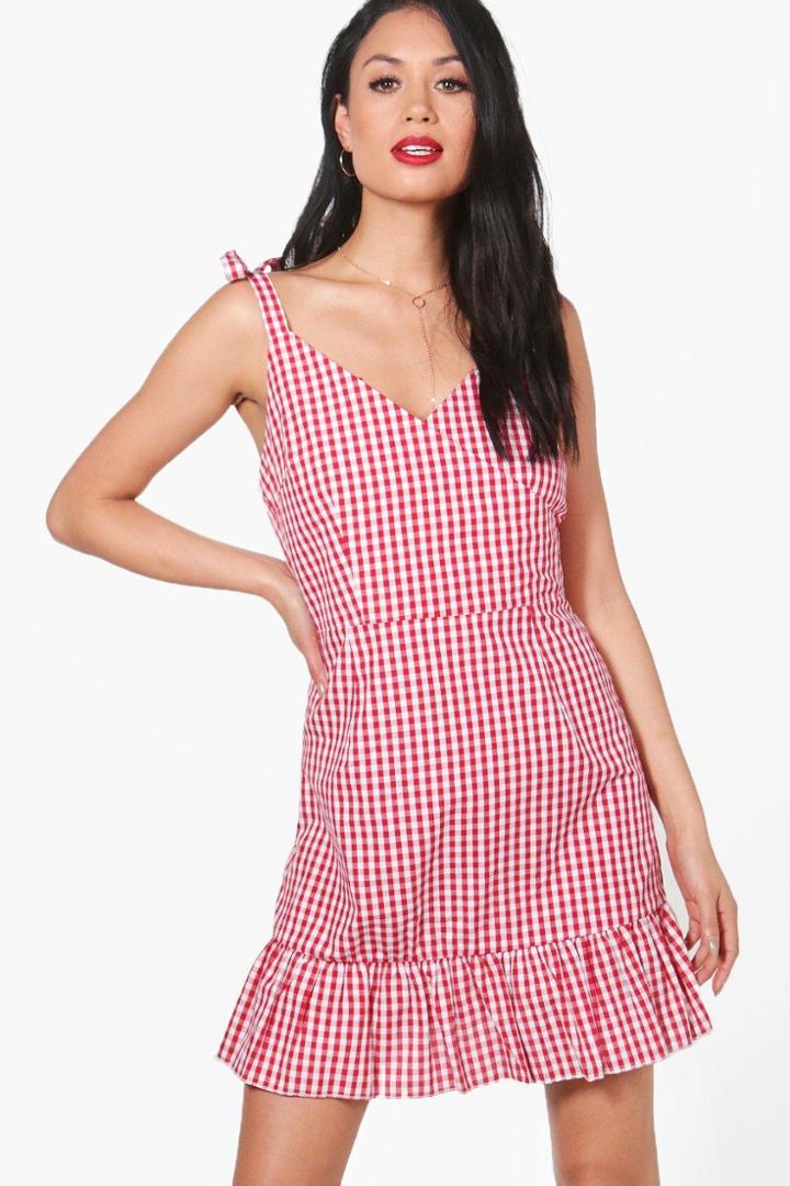 Boohoo Faye Gingham Ruffle Hem Skater Dress Red