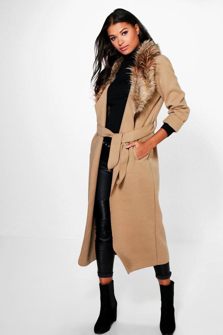 Boohoo Emily Faux Fur Collar Coat Camel