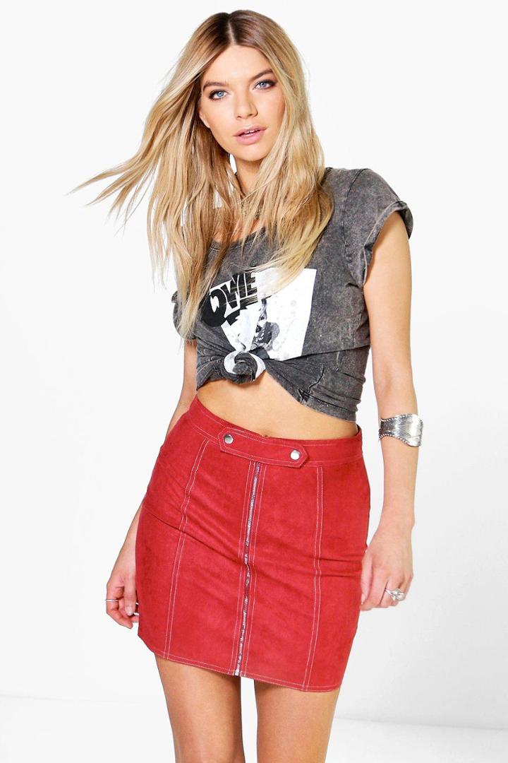 Boohoo Indi Tab Top Zip Front Suedette A Line Mini Skirt Rust