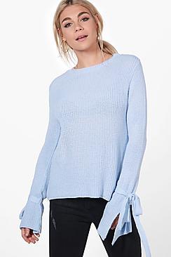 Boohoo Emma Tie Cuff Rib Knit Jumper