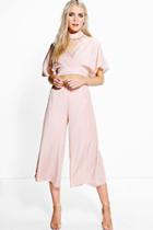 Boohoo Shannon Satin Wrap Detachable Choker Crop And Culotte Co-ord Nude