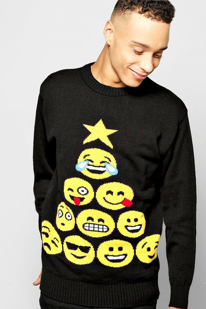 Boohoo Emoji Tree Christmas Jumper Black