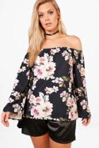 Boohoo Plus Kate Floral Printed Off The Shoulder Top Black