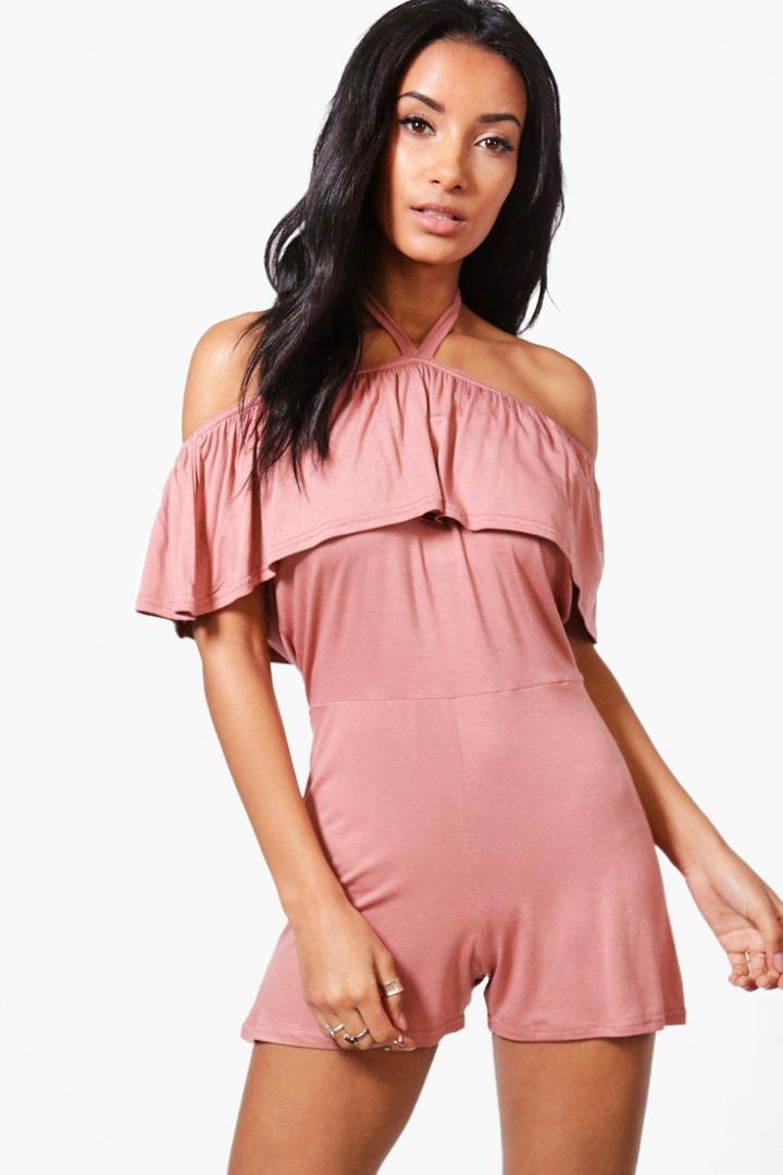Boohoo Beth Frill Off The Shoulder Playsuit Rose
