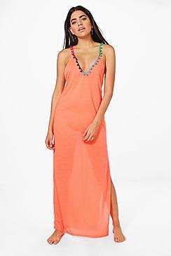 Boohoo Jasmine Pom Pom Trim Maxi Beach Dress