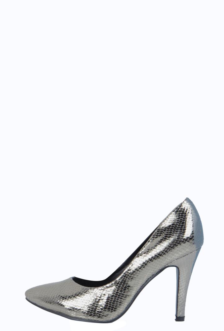 Boohoo Catherine Metallic Snake Court Heels Pewter