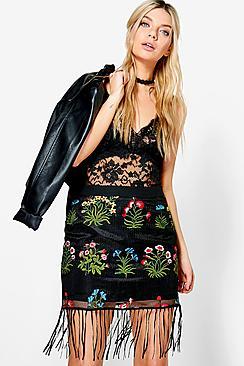 Boohoo Amias Embroidered Front Tassle Trim Mini Skirt