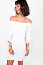 Boohoo Hanna Ruched Sleeve Off Shoulder Dress White