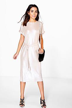 Boohoo Rebecca Metallic Rib Tie Waist Collum Dress
