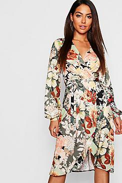 Boohoo Mix Print Wrap Front Midi Dress