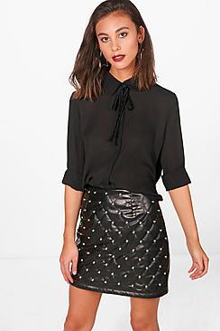 Boohoo Sarah Velvet Tie Neck Shirt