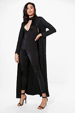 Boohoo Willow Slinky Plunge Unitard & Duster Co-ord Set