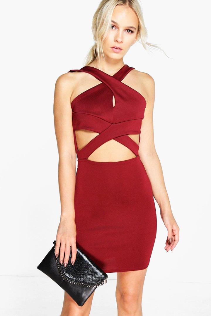 Boohoo Petite Julia Cross Over Detail Bodycon Dress Merlot