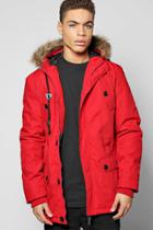 Boohoo Multi Pocket Parka With Faux Fur Hood Red