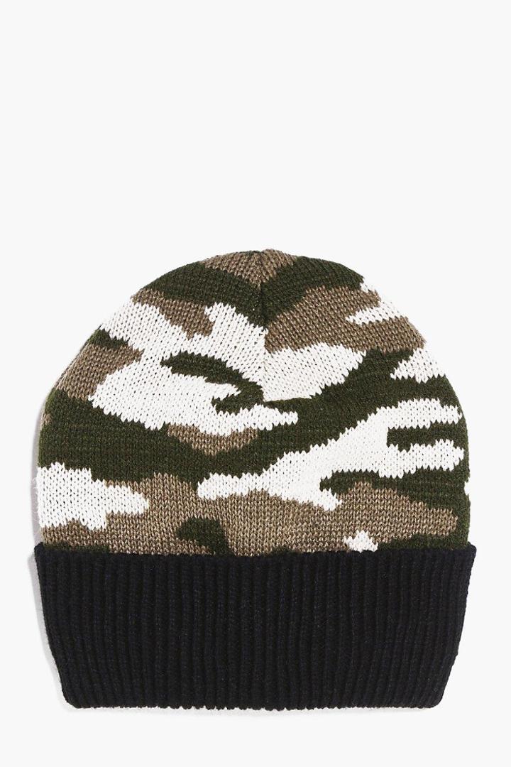 Boohoo Contrast Camo Beanie Khaki