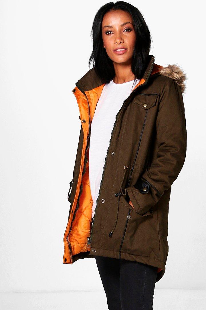 Boohoo Liz Parka With Piping Detail Khaki