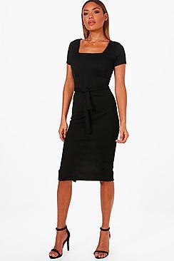 Boohoo Ava Square Neck Pleat Front Dress