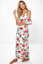 Boohoo Ava Floral Cold Shoulder Maxi Dress White