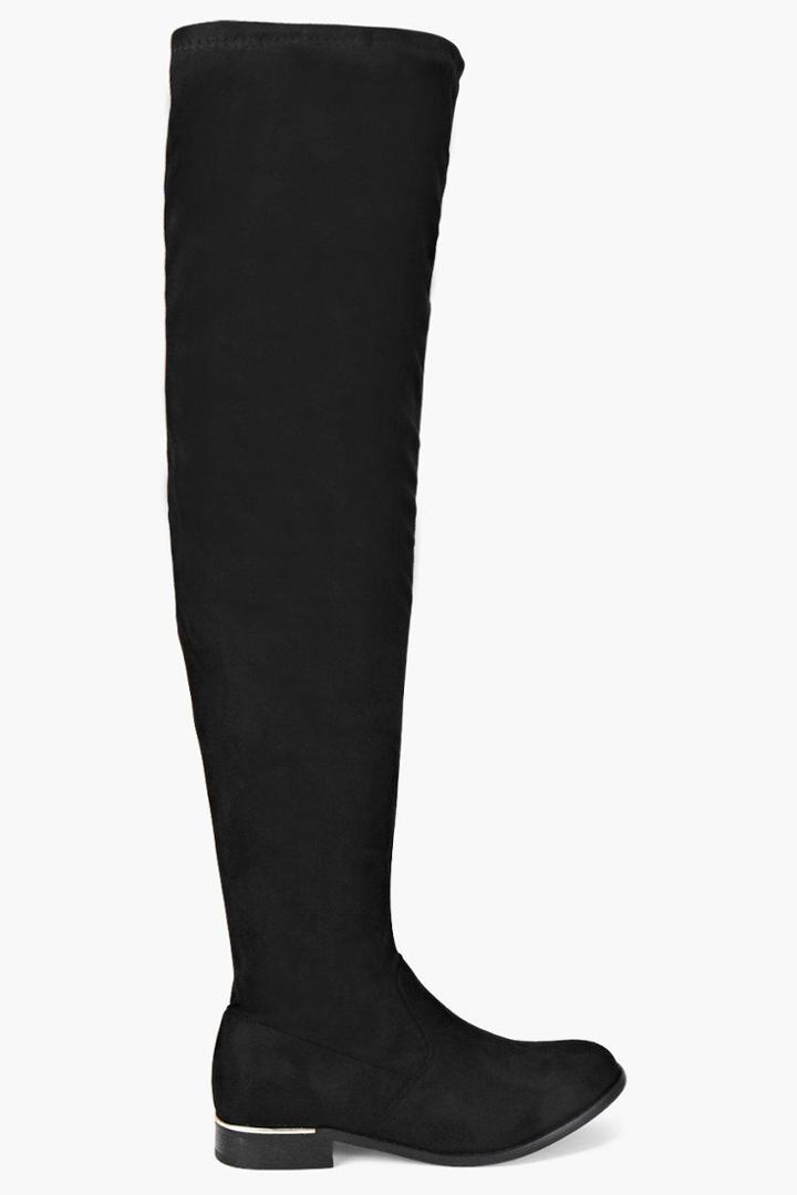 Boohoo Scarlett Stretch Knee High Flat Boot Black