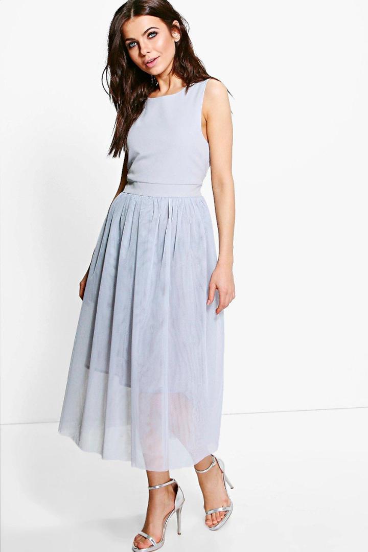 Boohoo Boutique Lana Woven Tulle Midi Skater Dress Grey