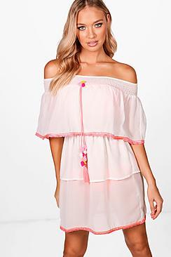 Boohoo Layla Bardot Pom Pom Tassel Beach Dress