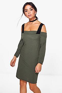 Boohoo Greta Cold Shoulder Rib Shift Dress