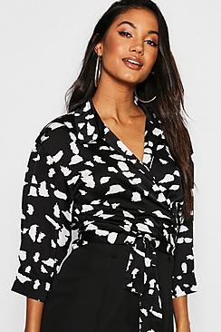 Boohoo Tie Front Satin Print Shirt