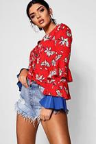 Boohoo Alicia Floral Frill Layered Sleeve Tie Blouse