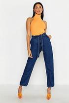 Boohoo High Rise Belted Tapered Hem Mom Jeans