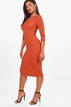 Boohoo Ayn Popper Sleeve Detail Ribbed Midi Dress
