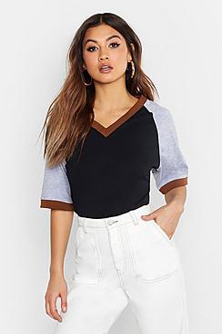 Boohoo Colour Block V Neck T-shirt