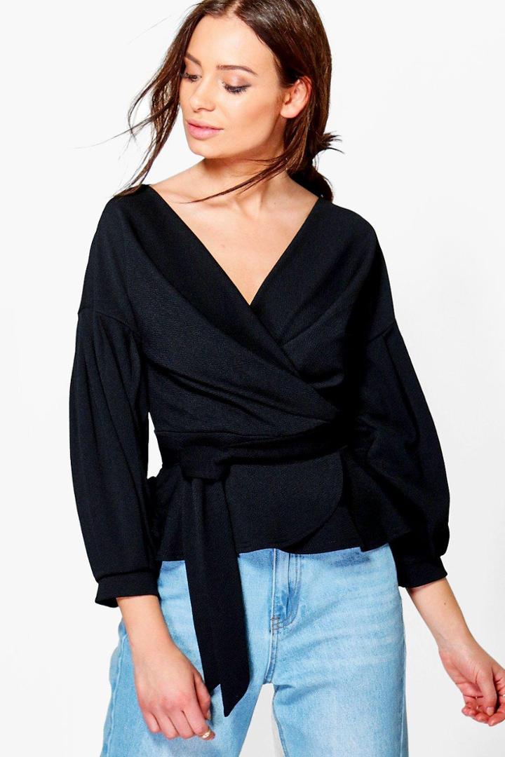 Boohoo Nora Bell Sleeve Wrap Over Top Black