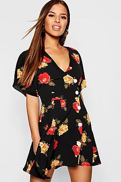 Boohoo Petite Floral Asymmetric Button Skater Dress