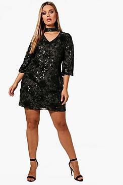Boohoo Plus Amber Patterned Sequin Choker Dress