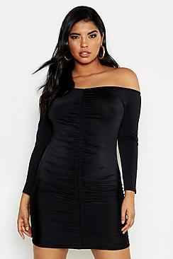 Boohoo Plus Off Shoulder Rouched Mini Dress