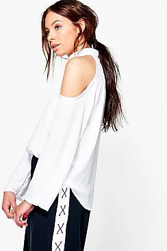 Boohoo Maya Cold Shoulder Choker Blouse