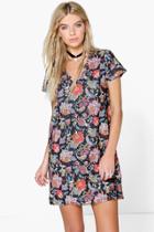 Boohoo Paulina Bohemia Floral Plunge Shift Dress Navy