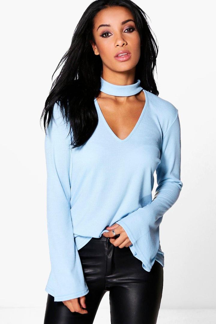 Boohoo Alisha Rib Knit Choker Ruffle Sleeve Jumper Bluebell