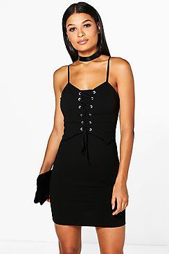 Boohoo Mia Strappy Eyelet Bodycon Mini Dress