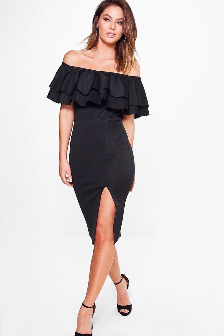 Boohoo Leia Off Shoulder Double Frill Midi Bodycon Dress Black