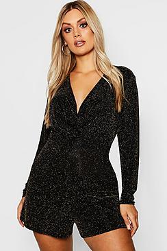 Boohoo Plus Metallic Cowl Neck Plunge Playsuit