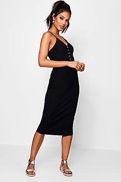Boohoo Tanya Popper Detail Rib Cami Midi Dress