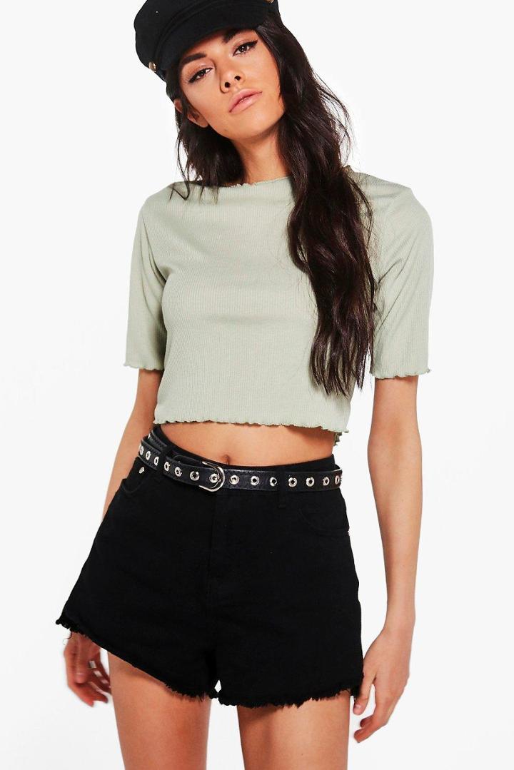 Boohoo Hope Ribbed Ruffle Hem T-shirt Sage