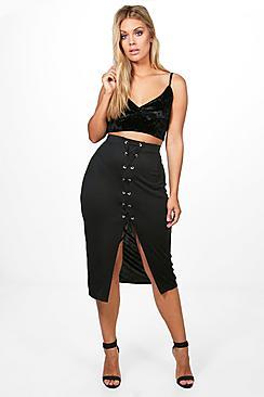 Boohoo Plus Scarlett Jersey Eyelet Lace Up Midi Skirt