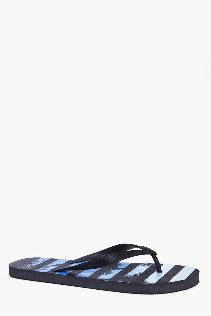 Boohoo Palm Print Stripe Flip Flops Blue